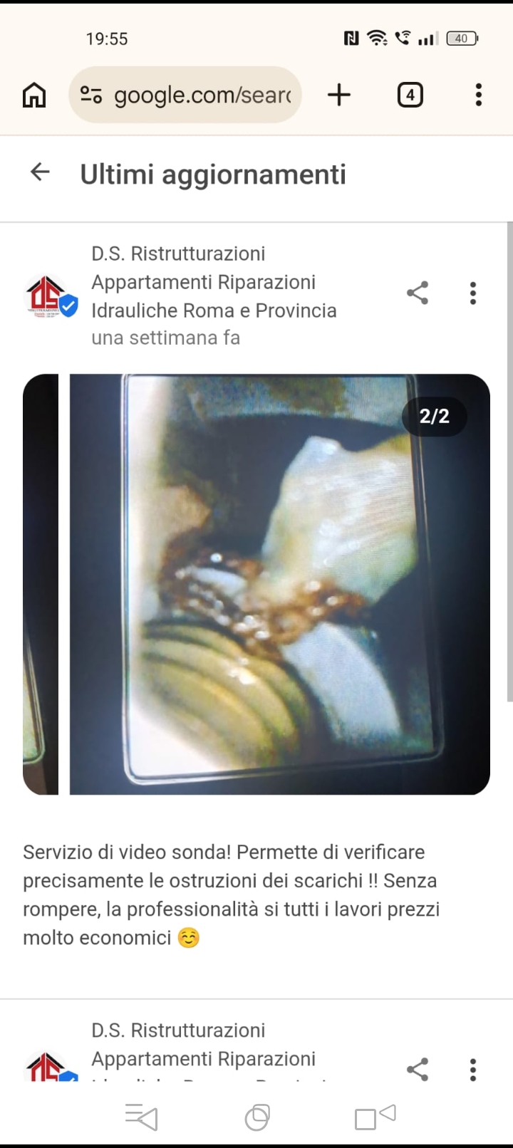 Ostruzione individuata con video sonda nello scarico